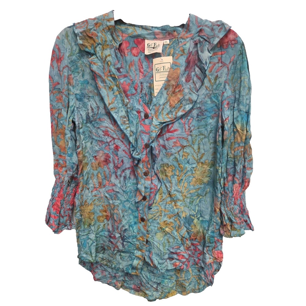 Go Fish clothing &Jewelry Co. size XS Top‎ Aqua Multi Ruched Sleeves Button NWT